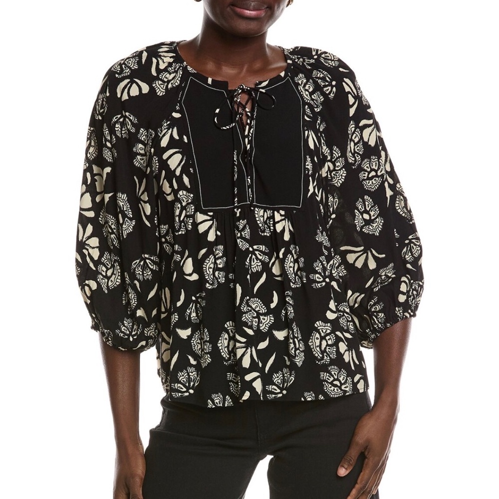 BA&SH Aura Blouse Lace Up Floral Flowy Balloon Sleeve Black & Cream Bohemian SM